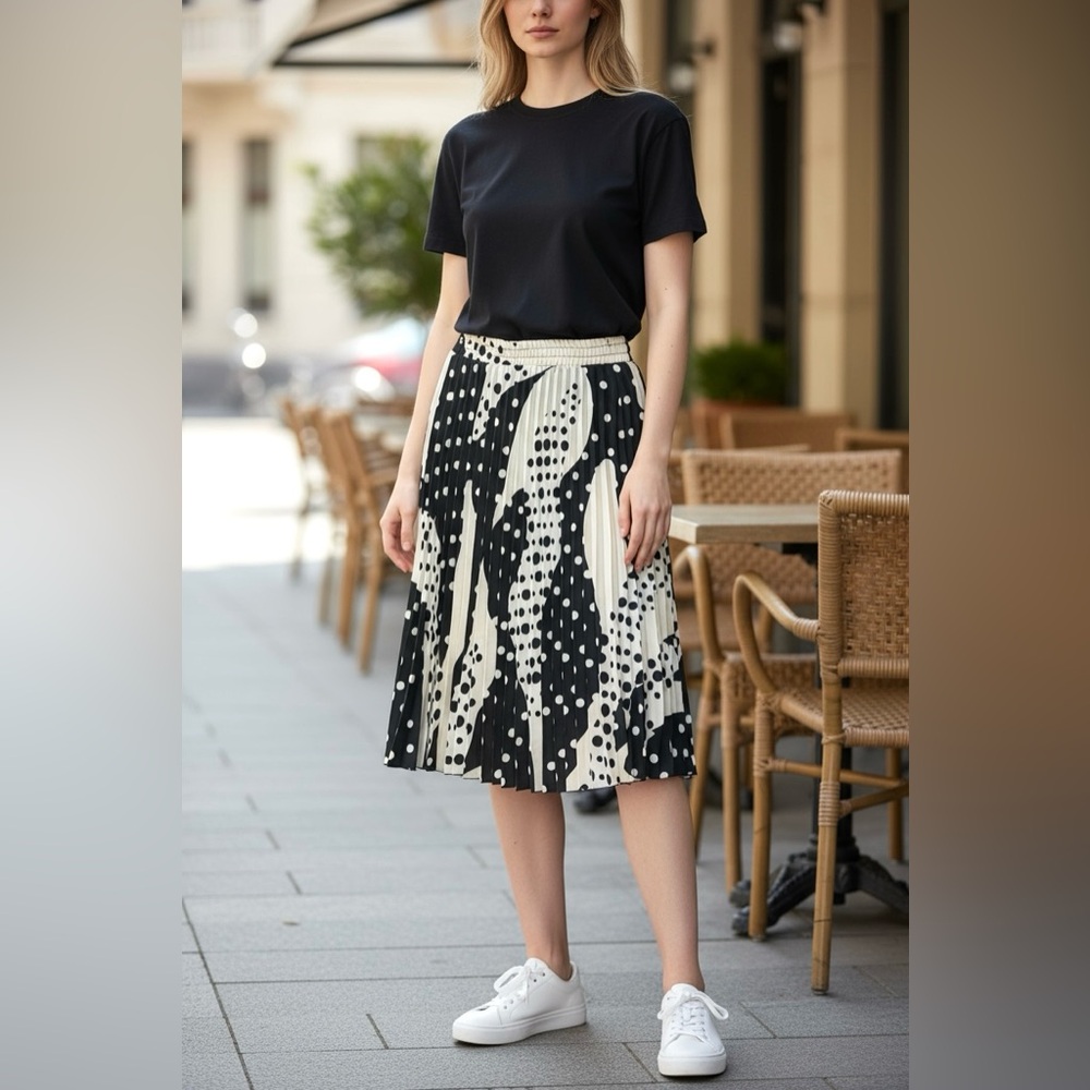 Tahari Black and Cream Polka Dot Midi Skirt